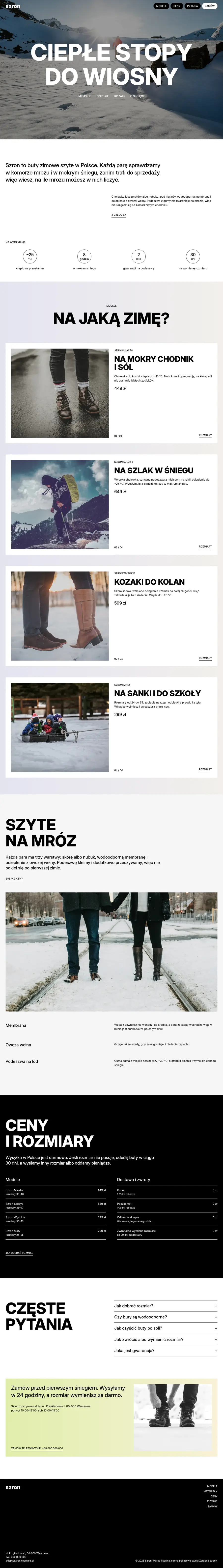 Cała strona Szron: modele butów, materiały, ceny i rozmiary, pytania i zamówienie